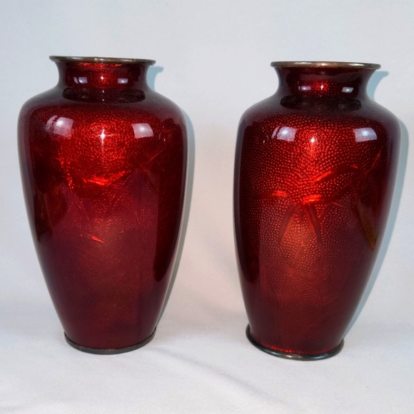 Pair Of Japanese Ginbari Cloisonne Cherry Blossom/Bird Pigeon Blood Vase 7" - Picture 1 of 7